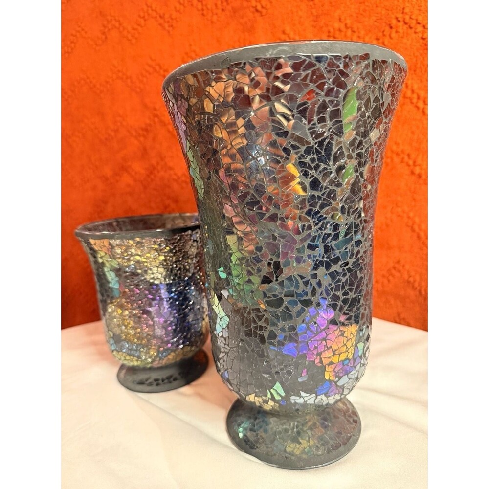 PartyLite Global Fusion Iridescent Mosaic Glass Hurricane Vases, Set of 2